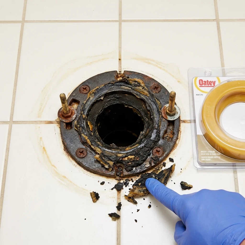 Failed wax ring showing water seepage at the base of a toilet in a Athens, TN home