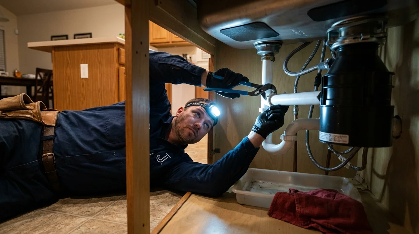P-trap and supply line connections under a kitchen sink showing a common leak point in Athens, TN